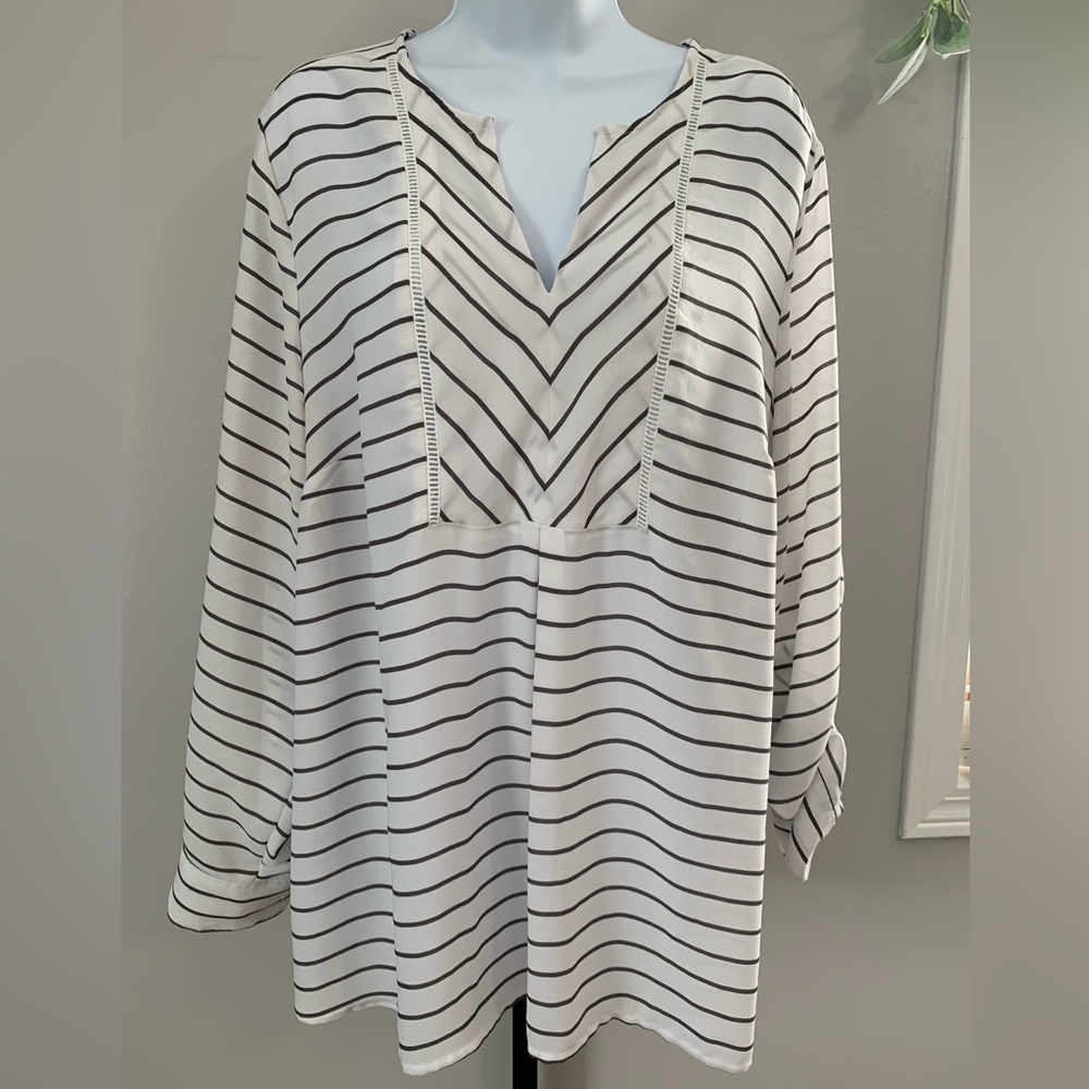 Lane Bryant White Blouse with Charcoal Stripe